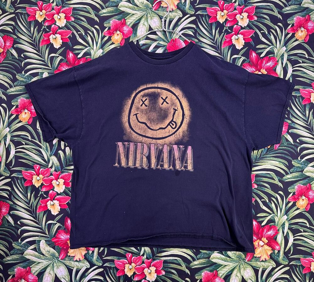 Nirvana Black T-Shirt Yellow Spray-Paint Smiley Size 2XL